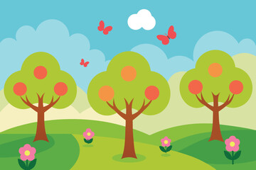 A cheerful spring landscape illustration with blossoming trees, butterflies, and fluffy clouds, perfect for childrens books and naturethemed designs