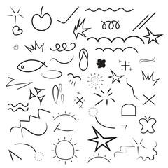 Hand drawn doodles graphic resource element pack for creative designs and summer fun illustrations.
