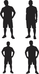Silhouette of four standing men, casual posture, male figures, shadow people, isolated on white, wearing shorts and t-shirts, front view