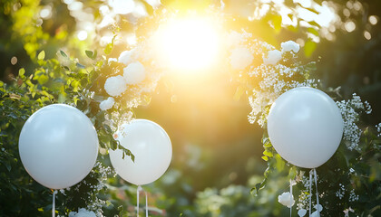 Wedding garden party scene features floral garlands with white balloons adorning arches. Sunlight streams through plants, creating a dreamy, romantic atmosphere for an outdoor celebration