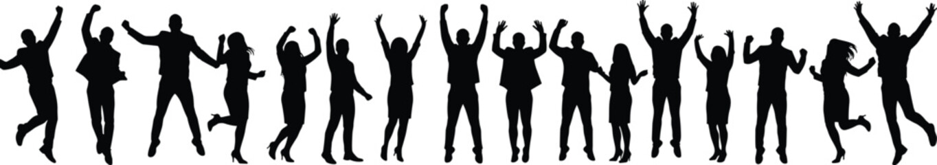 Silhouette of happy people jumping, celebrating success, energetic group expressing joy, motivation, excitement, teamwork, black isolated human figures