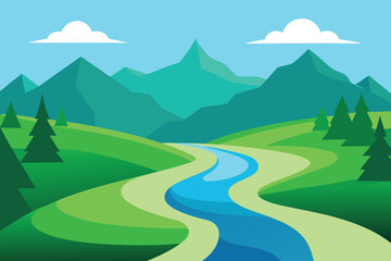 Obraz premium Scenic landscape illustration with a winding river flowing through green hills and mountains under a blue sky with fluffy clouds