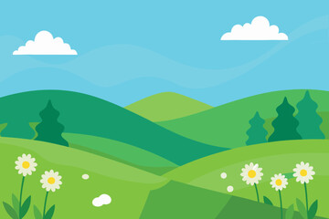Rolling green hills with wildflowers under a serene sky, a peaceful landscape evoking a sense of tranquility and natural beauty in the countryside