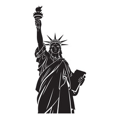 Black silhouette of Statue of Liberty holding torch and tablet on white background black and white