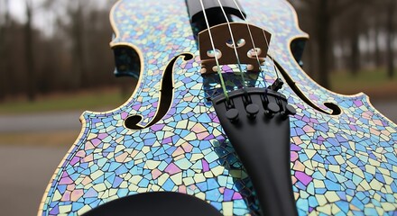 Iridescent mosaic violin with f holes and strings musical instrument colorful