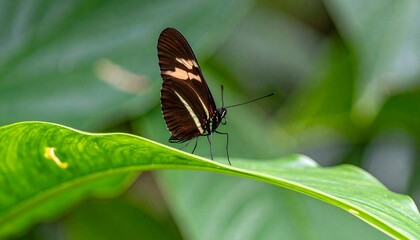 Obraz premium A striking black and white butterfly rests gracefully on a vibrant green leaf, showcasing intricate patterns and a peaceful ambiance.