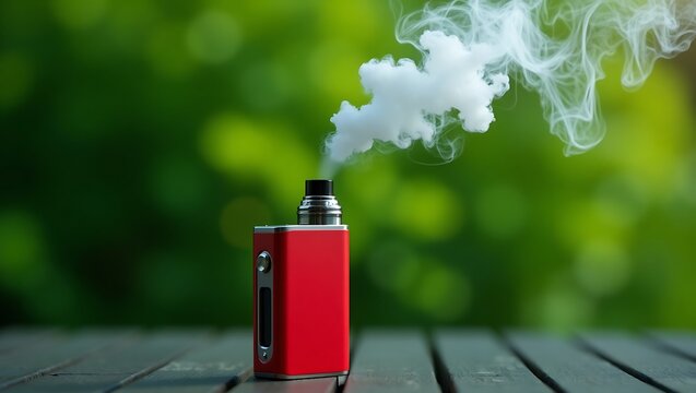 Red electronic cigarette with smoke on a wooden table with green background