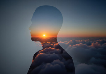 Double exposure sun and clouds concept combining human silhouette with cloudscape at sunrise. Generative AI