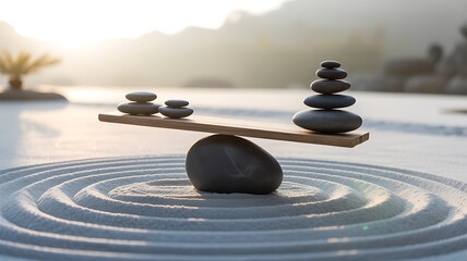 Balancing stones on a seesaw in a zen garden balance