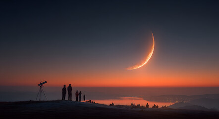 Stargazing Adventure: People Witness a Spectacular Meteor Shower, Capturing Celestial Beauty with Telescope and Camera under a Crescent Moon