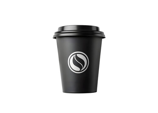 Black disposable coffee cup with a black lid and a white circular logo, isolated on a transparent background