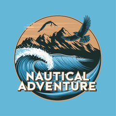 Nautical adventure emblem with ocean wave, mountains, and flying eagles.