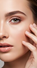 Close-up of young caucasian female with flawless skin and natural makeup