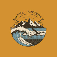 Vintage nautical adventure emblem with waves, mountains, and seagulls.
