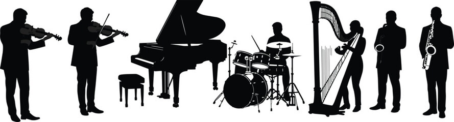 Silhouette of musicians playing instruments including violin, piano, drums, harp, trumpet and saxophone, vector illustration of live music performance © Best_Design