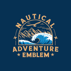 Nautical adventure emblem with wave, mountains, bird, and typography.