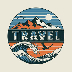 Retro travel badge with mountains, ocean waves, bird, and sun.