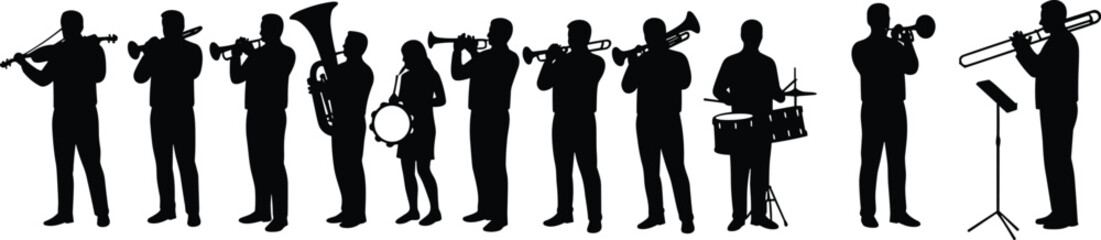 Silhouette of orchestra band playing musical instruments, isolated vector illustration of musicians with trumpet, violin, drum, tuba, trombone, and conductor