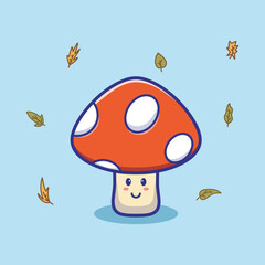 Cute mushrooms with smiling faces. Fabulous mushroom in cartoon style. Vector illustration for kids isolated on blue background.