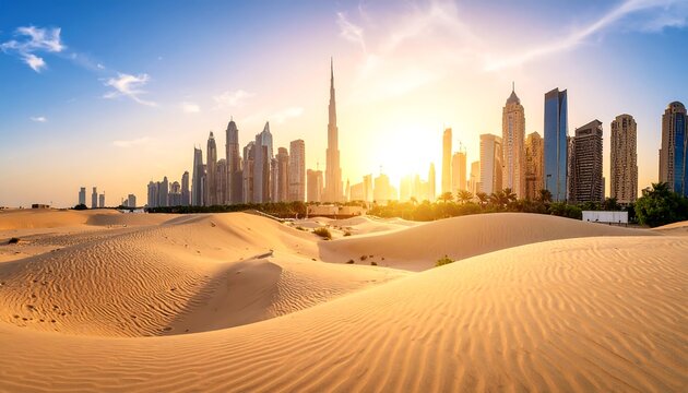 Dubai's Skyline at Sunrise: A Stunning View of City Skyscrapers from the Desert Sands