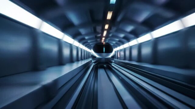 hyperloop train traveling at high speed through futuristic tunnels, glowing light trails, cinematic motion blur
