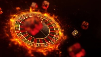 Roulette wheel with fiery effects and dice floating in a dark, smoky ambiance - Powered by Adobe