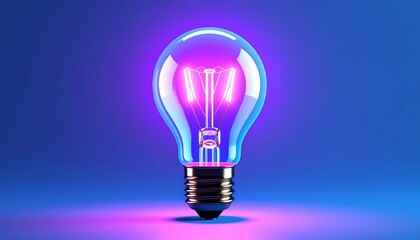 Fototapeta premium A radiant incandescent light bulb glows vibrantly in a vibrant blue backdrop, highlighting its luminous pink-purple filament.