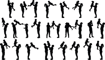 Silhouette of parents lifting children in joyful bonding moments,playful parenting, love, interaction, family unity
