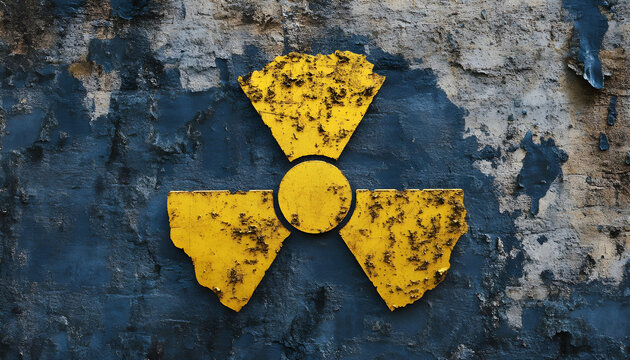 Yellow radioactive sign on textured background. Radiological pollution