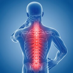 3D Render of Human Skeleton with Highlighted Spine Pain Area &ndash; Concept of Back Pain, Spinal Discomfort, or Vertebral Issues