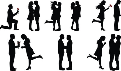 Silhouette of romantic couples kissing, hugging, giving flowers, , love, affection, Valentine’s Day, relationship moments