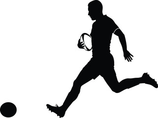 Silhouette of rugby player sprinting with ball, dynamic sports action, black and white vector illustration, athletic competition, isolated energetic pose