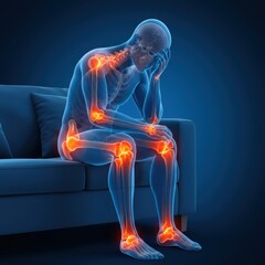 3D Illustration of Man Sitting on Sofa with Highlighted Pain Areas in Joints &ndash; Concept of Chronic Joint Pain, Arthritis, or Musculoskeletal Disorders