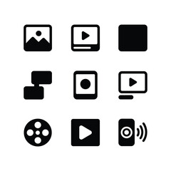 Collection of nine black and white multimedia icons arranged in a grid