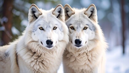 Obraz premium Two majestic arctic wolves, their creamy-white coats gleaming in the soft winter light, gaze directly at the camera, emphasizing their beauty and wild presence.