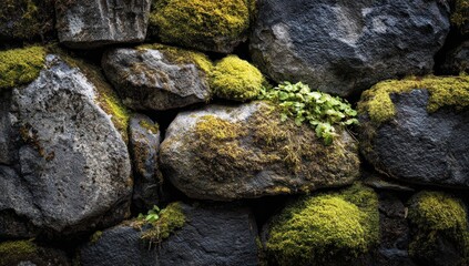 Moss-covered stone wall close-up