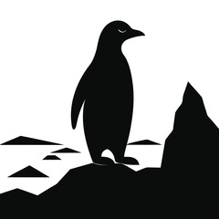 Silhouette of a Penguin Standing on a Rocky Shore Vector Illustration