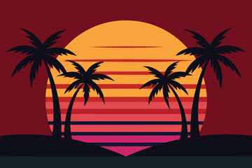 A vibrant tropical sunset with silhouetted palm trees on a beach, evoking a sense of relaxation and paradise, perfect for a summer vacation getaway