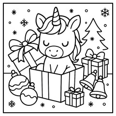 Naklejka premium Cute Christmas Unicorn Coloring Page in a Gift Box