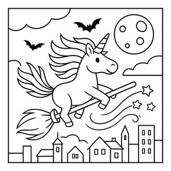 Naklejka premium Cute Unicorn on a Broom Coloring Page for Halloween