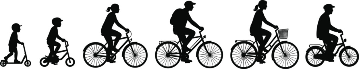 Silhouette vector of people riding bicycle and scooter, family cycling activity, kids and adults, outdoor healthy lifestyle transport illustration © Best_Design