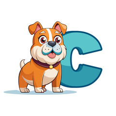 Playful Bulldog Cartoon Character with Big Alphabet C Illustration, Cute Animal Typography Design for Children Book, Nursery and Education