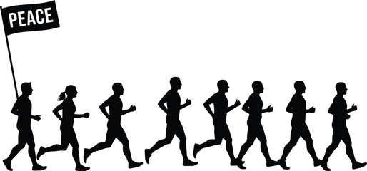 Silhouette vector of people running with peace flag, protest, marathon, activism, unity, movement, fitness, demonstration, group, equality, awareness