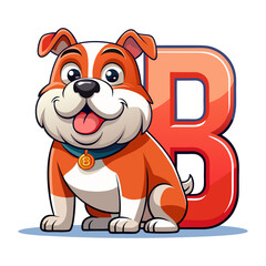 Playful Bulldog character holding big alphabet letter B, cute cartoon animal illustration for children learning, nursery, kids education design