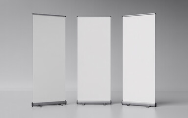 Blank White Roll Up Banners Mockup | Three Empty Pull Up Stands for Advertising, Presentations, and Trade Shows