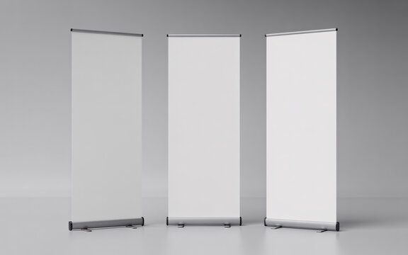 Blank White Roll Up Banners Mockup | Three Empty Pull Up Stands for Advertising, Presentations, and Trade Shows