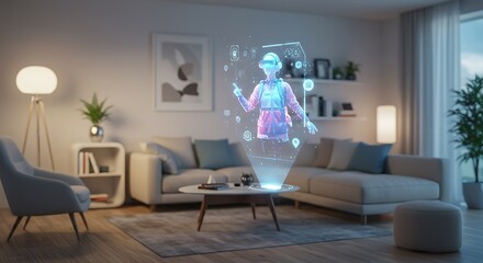 AI-generated virtual assistant avatar appearing as a hologram in a user's living room, bright colors, futuristic casual environment