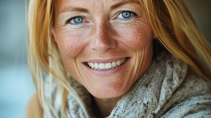 A woman with blue eyes and red hair is smiling. She is wearing a white sweater. Concept of warmth and happiness - Powered by Adobe