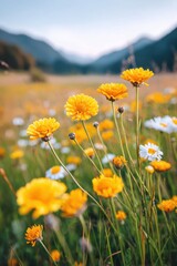 Obraz premium Yellow wildflowers growing in a mountain meadow