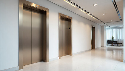 Modern elevator doors in corporate office hallway with blank wall and sleek interior design elements in creative business building space. 3D Rendering, created with generative ai